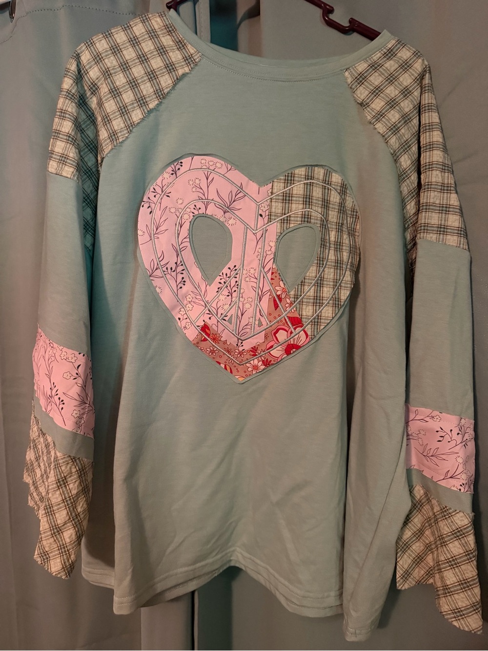 Women's Mint Long-Sleeve Tee with Pink Patch Heart